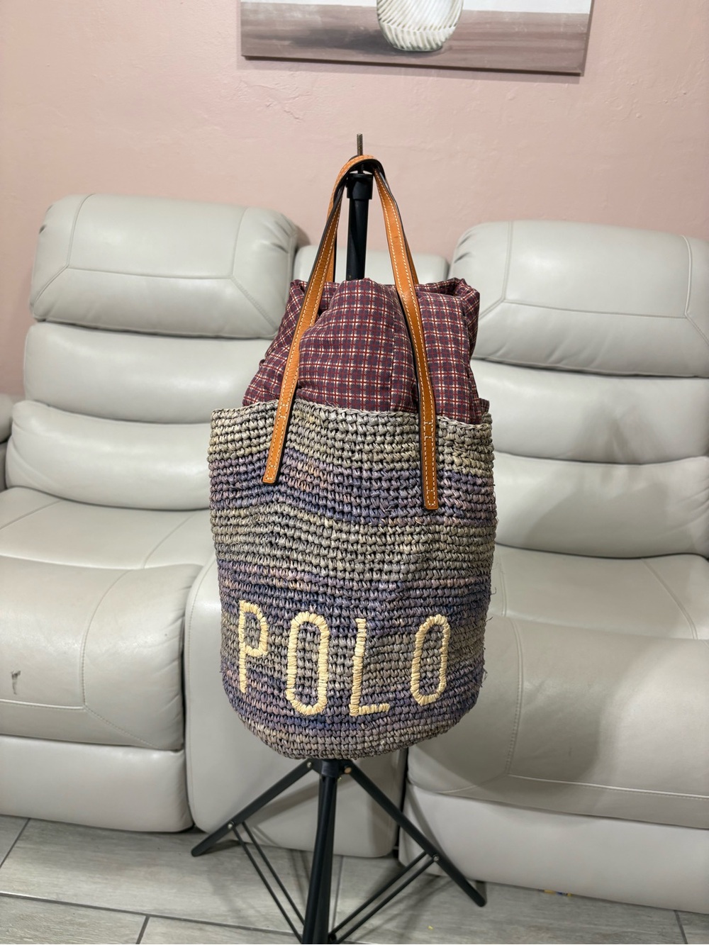 POLO RALPH LAUREN Woven Raffia Bucket LOGO Tote Bag beach